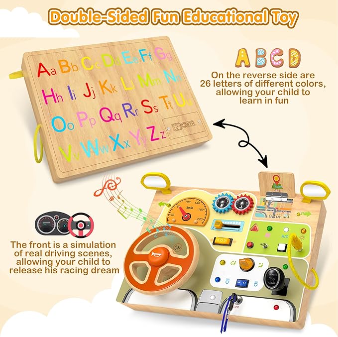 Montessori Toddler Toys - Baby Wooden Busy Board - Sensory Toys with Light Switch - Travel Toys for Educational Toddler Activities for Toddlers 1 2 3 4+ Year Old