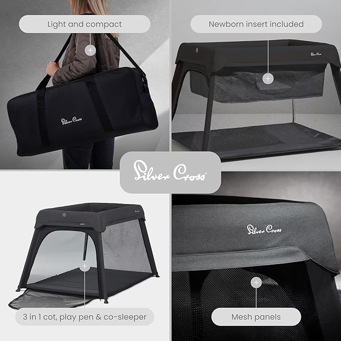 Silver Cross Sleep & Go 3 in 1 Travel Crib - Converts Newborn Bassinet, Crib to Playard - Portable, Lightweight, Easy to Pack with Comfortable Mattress for Infants to Toddlers - Carbon (Sustainable)