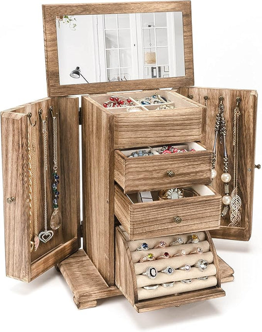 Jewelry Box for Women, Rustic Wooden Jewelry Boxes & Organizers with Mirror, 4 Layer Jewelry Organizer Box Display for Rings Earrings Necklaces Bracelets (Rustic Brown)