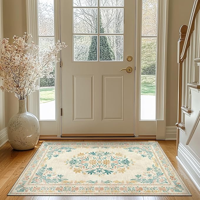 jinchan Vintage Floral 3x5 Area Rugs for Entryway - Machine Washable Distressed Design Ultra-Thin Low-Pile Soft Non-Shedding Carpet for Kitchen Bedroom Laundry Living Room (3x5ft,Apricot Multi)