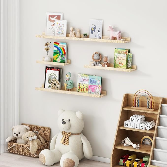 Picture Ledge Shelf for Wall, 16 inch Solid Pine Wood Nursery Book Shelves 2 Packs, Floating Ledge Shelves for Kids' Room Bedroom Bathroom Living Room Photo Frames Office Nursey Wall Decor, Natural
