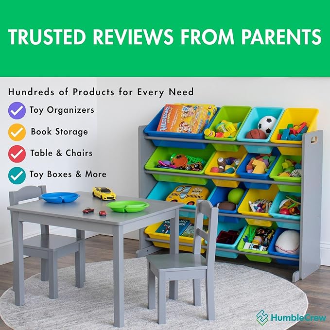 Humble Crew Supersized Toy Storage Organizer with 16 Removable Bins, Grey/Blue/Green/Yellow – Large Toy Storage for Toddlers Ideal for Kids' Rooms, Playrooms, and Nurseries - Modern Toy Bins for Kids