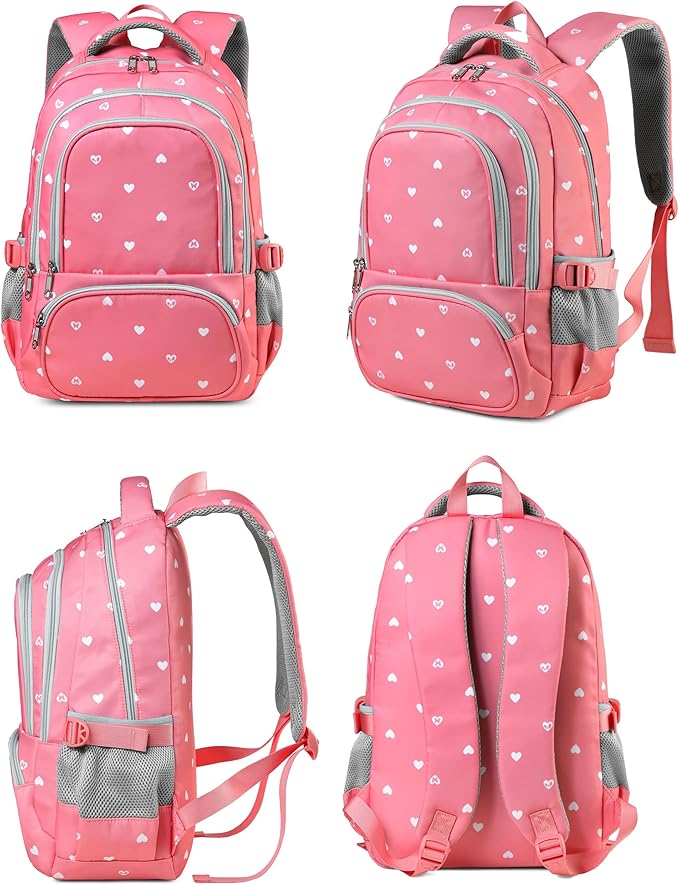 BLUEFAIRY Lightweight Water Resistant Backpack for Girls, Pink, 5-9 Years, Laptop Compartment, Adjustable Shoulder Straps, Breathable Mesh