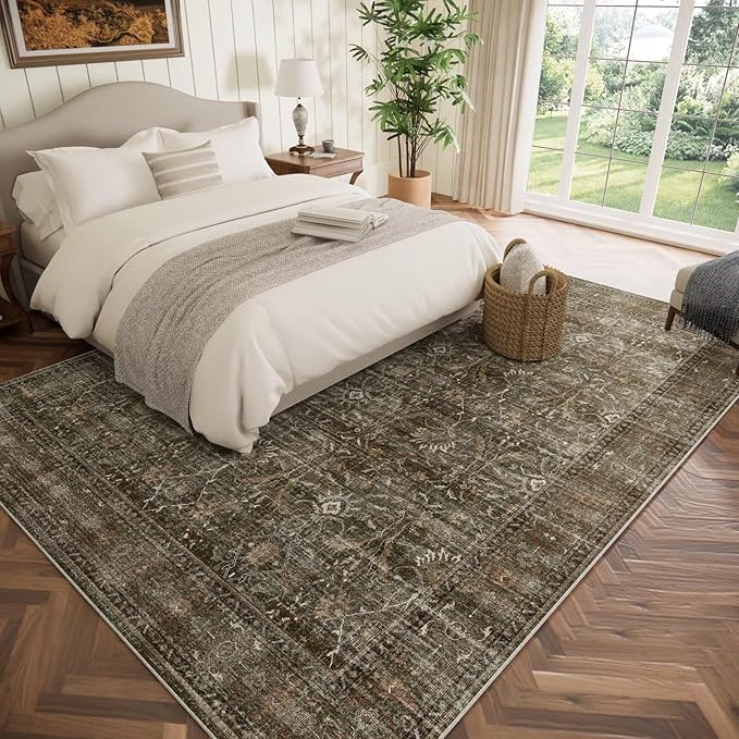 Washable 8x10 Area Rugs for Living Room, Boho Non-Slip Silicone Backing Rugs for Bedroom Dining Room Nursery Office, 0.3" Neutral Oriental Throw Carpet with 0.16" Cushioning Pad, Deep Brown/Multi