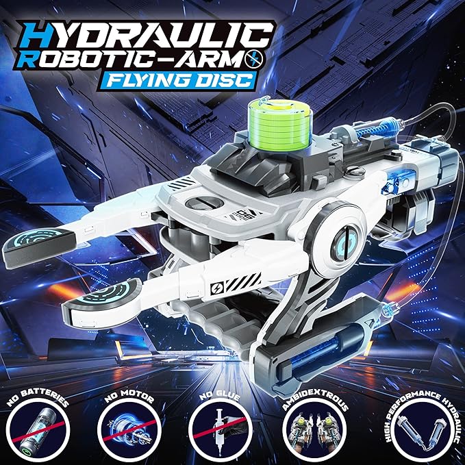SMIESSKIDDO Hydraulic Robotic Arm - 106 Pcs Dual-Mode STEM Toy for Kids 8-12, Build & Launch Flying Disc | No Batteries, Safe Engineering Science Kit, Model Kits Gift for Boys & Girls 9 10 11
