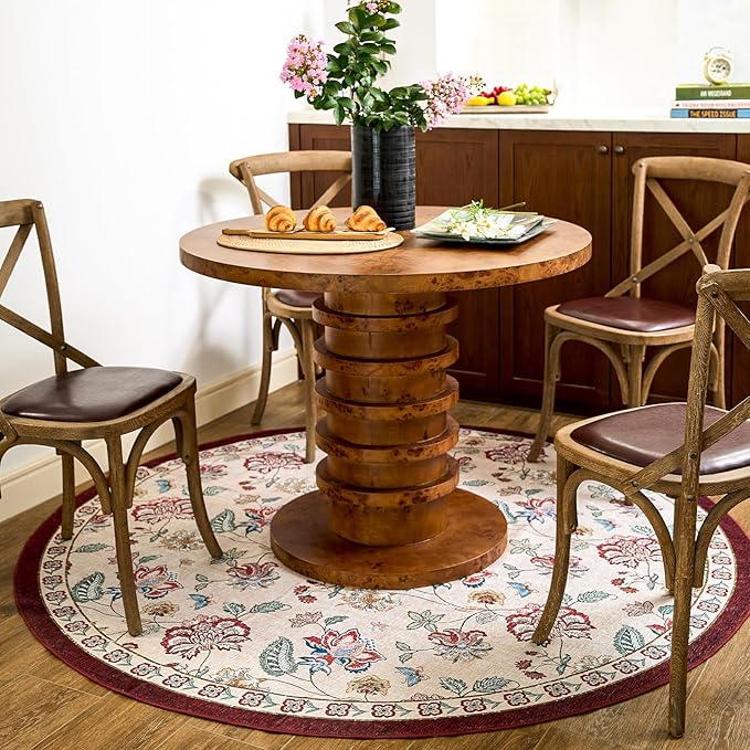 jinchan 6ft Floral Round Rug for Dining Room Washable Living Room Rug Vintage Romance Design Non Slip Indoor Floor Cover Lightweight Low-Profile Throw Carpet for Bedroom Porch Patio, Red/Beige