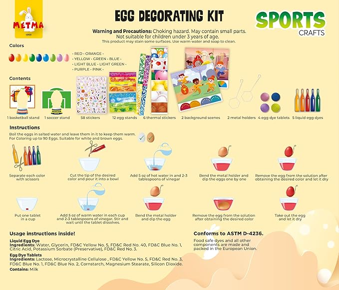 METMA 1999 Egg Decorating Sports Crafts - Complete Decorative Eggs Set with Liquid Dyes, Tablets, Stickers, Egg Spinner and More - Fun Easter Egg Dye Kit Arts and Crafts for Kids(Sports)
