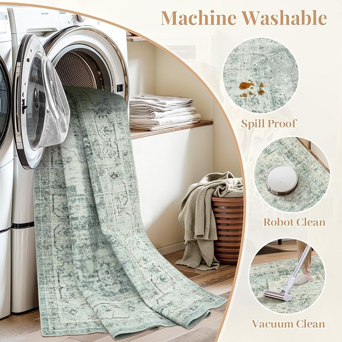 LIVEBOX Washable 2x8 Runner Rug for Bathroom, Non Slip Kitchen Mats for Floor Entryway, Boho Indoor Front Door Mat Low-Pile Runners for Hallways, Farmhouse Rugs for Laundry, Sage Green