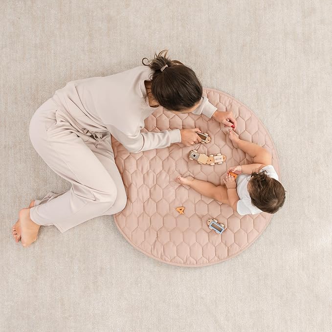 Comfy Cubs Round Kids Play Mat - Small 36 inches Soft Quilted Baby Floor Mat with Non-Slip Bottom - Plush Design for Toddlers' Playtime and Relaxation - Comfortable and Durable - Blush