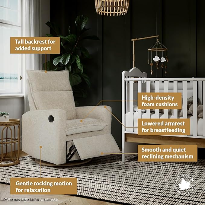 Arya Modern Nursery Glider Recliner Chair – Cozy Nursing Chair with 360° Swivel for New Parents, Gentle Motion, Compact Design, High Back & Low Armrests, Canadian Made (Cream/Beyond Sheep Fabric)