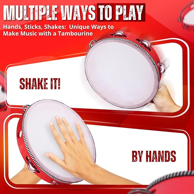 Flexzion Wood Handheld Tambourine 8" Inch Single Row 5 Pair Jingles (2 Pack, Red) - Hand Held Percussion Drum Moon Musical Tambourine with Ergonomic Handle Grip