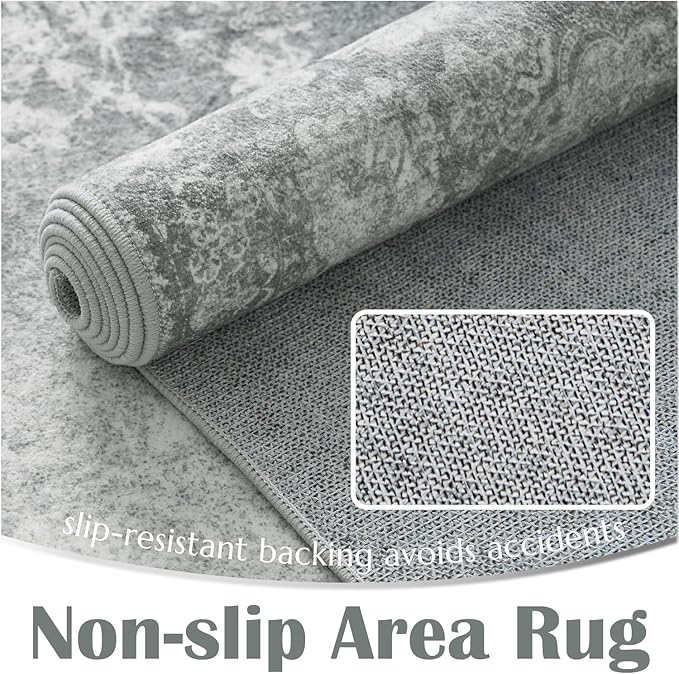 jinchan Washable Area Rug 6x9 for Living Room - Soft Faux Wool Ultra-Thin Stain Resistant Non-Slip Distressed Vintage Floral Rug Large Carpet for Bedroom,Dining Room,Home Office,Nursery(Grey, 6'x9')