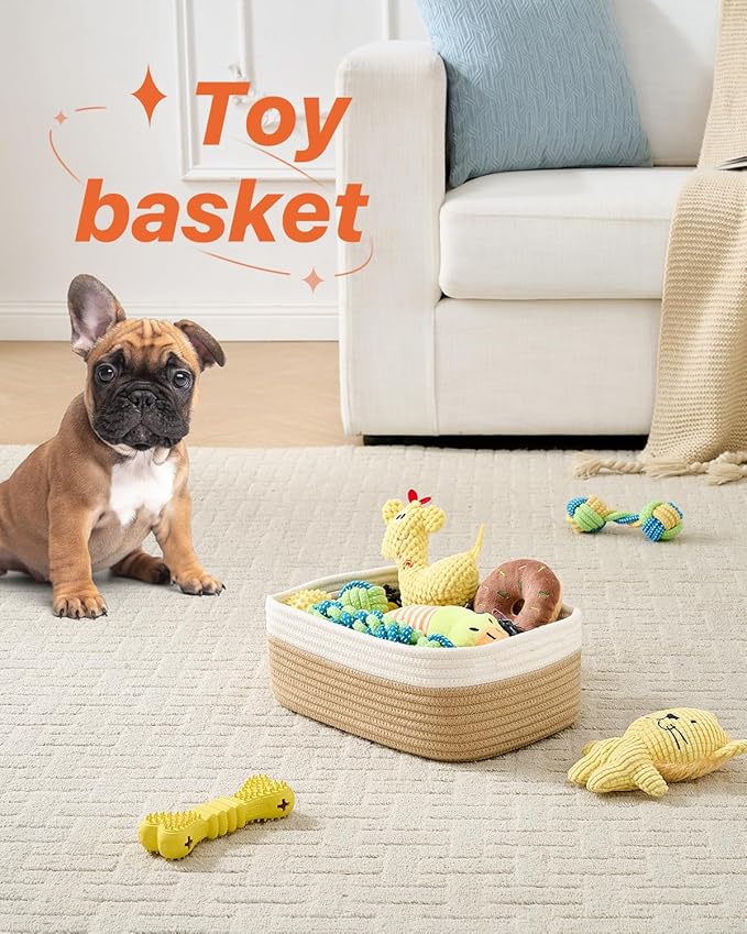 KALLAX Small Woven Basket, 12 x 8 x 4.5 Inches, Storage Basket for Organizing, Cute Small Rope Shelf Closet Cube Storage Bins Baskets for Shelves, Dog Toy Gift Baskets Empty, 3 Pack White & Brown