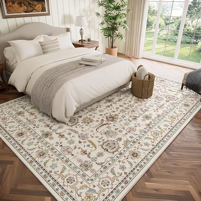 Washable 8x10 Area Rugs for Living Room, Boho Non-Slip Silicone Backing Rugs for Bedroom Dining Room Nursery Office, 0.3" Neutral Oriental Throw Carpet with 0.16" Cushioning Pad, Light Beige/Multi