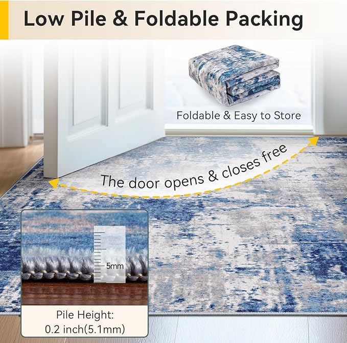 Washable Area Rugs 8'x10' Non-Slip Modern Abstract Soft for Living Room Entryway Bedroom Nursery, Print Pattern, Blue Grey Navy Gray