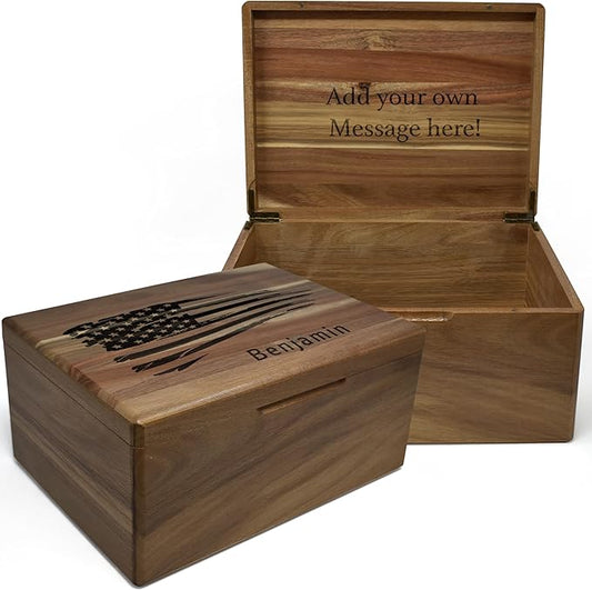 American Flag Box Personalized - Large Keepsake Boxes for Mens, Boys, 5th Wedding Gift Anniversary for Men/Women, Acacia Wood Decorative Chest Memory, Boys Treasure Box, 11.5 x 8.5 x 5.5 in