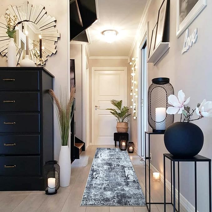 Runner Rug 2'6''x8' Hallway Washable Boho Soft Area Rug Abstract Pattern Non-Slip Faux Wool Vintage for Kitchen, Entryway, Laundry, Bedroom, Grey and Black