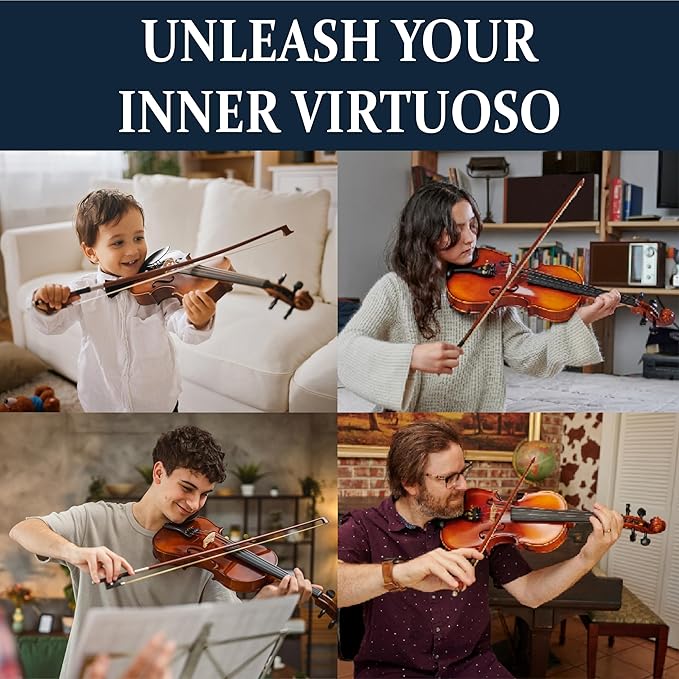 Cecilio 1/2 Size Natural Varnish Violin for Beginners, Hand-Carved Solid Spruce Top, Maple Back & Sides, Full Fiddle Kit with Hard Case, Bows, Rosin, Shoulder Rest, Lesson Book