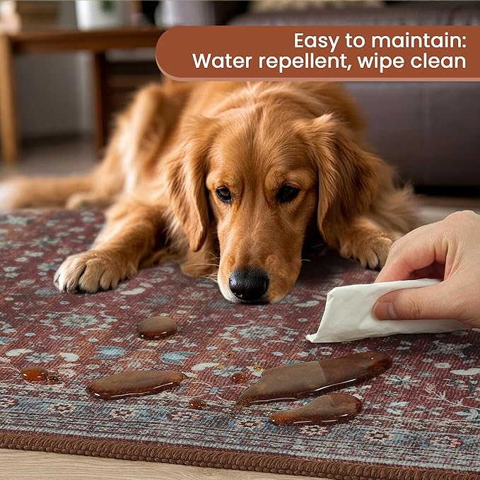 2x6 Washable Kitchen Runner Rug for Hallways, Non Slip Laundry Runners for Bathroom, Low Pile Rubber Backed Rugs for Entryway, Vintage Floral Carpet for Living Room Bedroom Brick Red