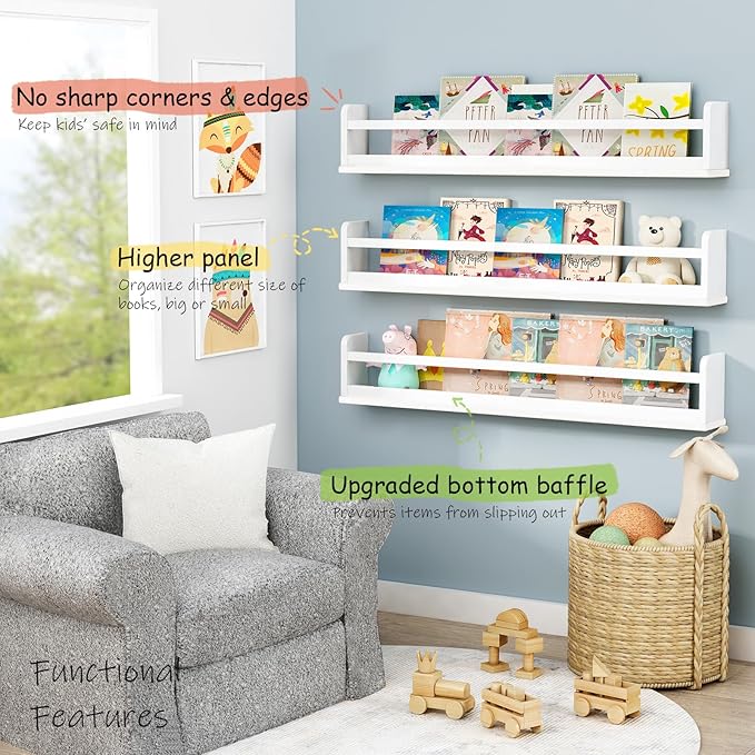 Upgraded White Wall Bookshelf for Kids Room, 36 Inch Long Floating Nursery Book Shelves for Wall, Wider Hanging Bookshelves for Toddlers Childrens Clothes Kids Bedoom Playroom -Set of 3
