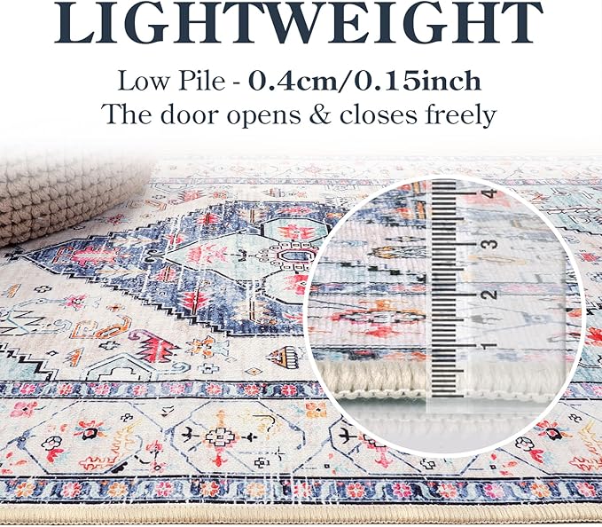 Lahome Boho Round Rug - 9Ft Washable Area Rug, Non-Slip Small Bathroom Rug, Lightweight Bedroom Throw, Oriental Distressed Print Carpet for Entryway, Sofa, Nursery, Kids Room