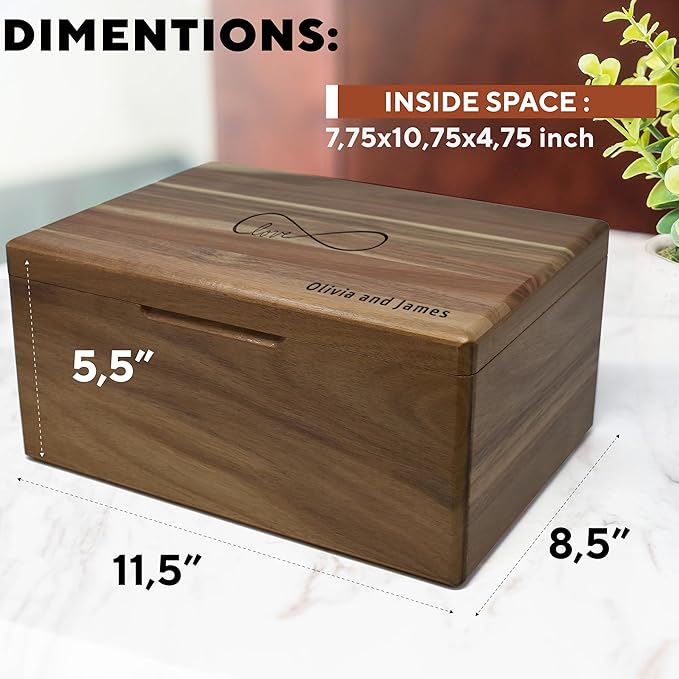 Wooden Box Gift for Couple - Personalized Keepsake Box Engraved Floral Heart, 5th Wedding Gift Couple, Acacia Wood Decorative Chest, Custom Memory Boxes, Surprise Love Message, 11.5 x 8.5 x 5.5 in