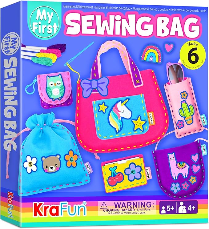 KRAFUN My First Sewing Bag Kit Arts & Crafts for Beginner Kids, 6 Easy DIY Sewing Handbag Pouch Sleeve Projects of Animal Theme, Instructions Learn to Sew & Felt Embroidery, Gift for Girls & Boys