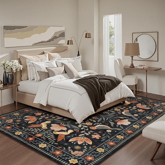 Moynesa Boho Bird 5x7 Area Rugs for Living Room, Black Floral Living Room Rug 5x7 Washable Low-Pile Bedroom Rug Non Slip, Vintage Soft Jungle Animal Floor Carpet for Nursery Playroom