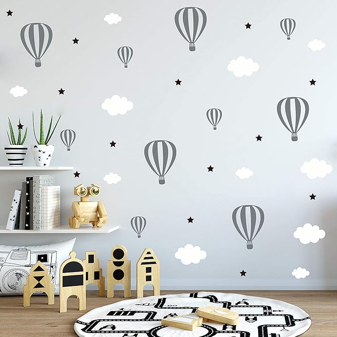 Hot Air Balloons Clouds and Stars Nursery Decor DIY Wall Stickers Bedroom Self Adhesive JW577 (Color 1)