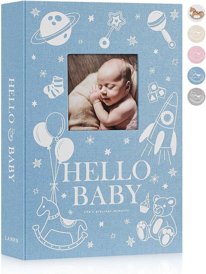 Lanpn Baby Photo Album 4x6 300 Pockets, Linen Newborn Bebe Ultrasound Photo Album with Memo Writing Area, Cover Photo Book, Picture Album for kids, Baby Boy Memory Book Keepsake Blue