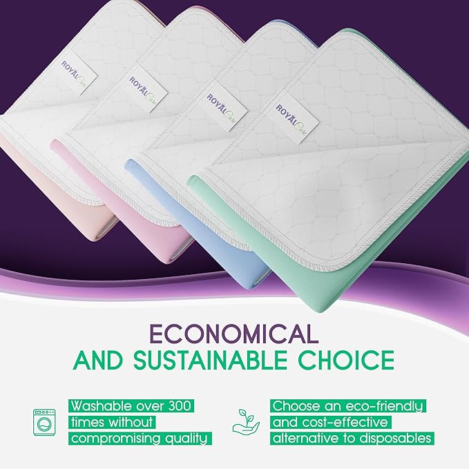 Incontinence Bed Pads - 4 Pack 34" x 36" Reusable Waterproof Mattress Protectors - Highly Absorbent, Machine Washable - for Children, Pets and Seniors - Multi Color - Royal Care