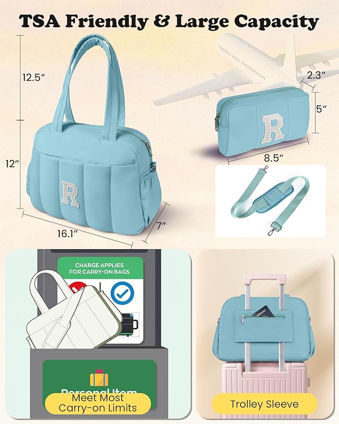 Duffle Bag, Weekender Bags for Girl，Gift for Mom-Initial Overnight Bag with Wet Pocket，Lightweight Dance Bags Personalized Gymnastics bag with Makeup Pouch