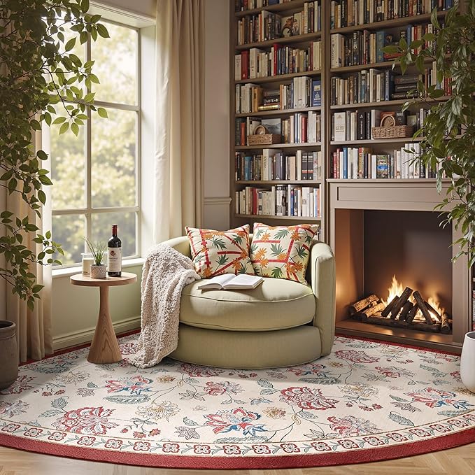 jinchan Floral Corner Rug for Living Room Washable Bedroom Rug Vintage Romance Design Non Slip Quarter Circle Lightweight Low-Pile Throw Carpet for Reading Nook Playroom,8ft Radius, Red/Beige