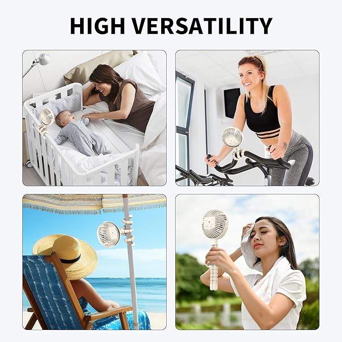 AMACOOL Battery Operated Stroller Fan Flexible Tripod Clip On Fan with 3 Speeds and Rotatable Handheld Personal Fans for Car Seat Crib Bike Treadmill (Beige)