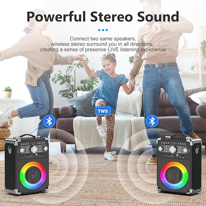 Karaoke Machine with 3 Wireless Microphones for Adults, Portable Bluetooth Party Speaker with Echo Adjustment, Singing Machine Support TWS/USB/TF Card/Guitar/TV Connected for Outdoor/Events etc