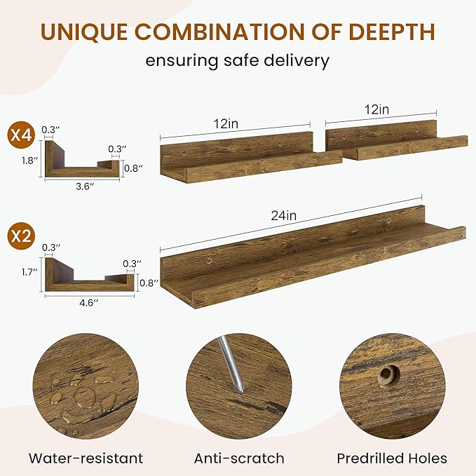 Axeman Picture Ledge Shelf, Floating Shelves for Wall Decor Set of 6, 24 inch Floating Wall Mounted Shelves, Wall Shelves with Lip for Living Room, Bedroom, Nursery, Bathroom, Kitchen, Rustic Brown
