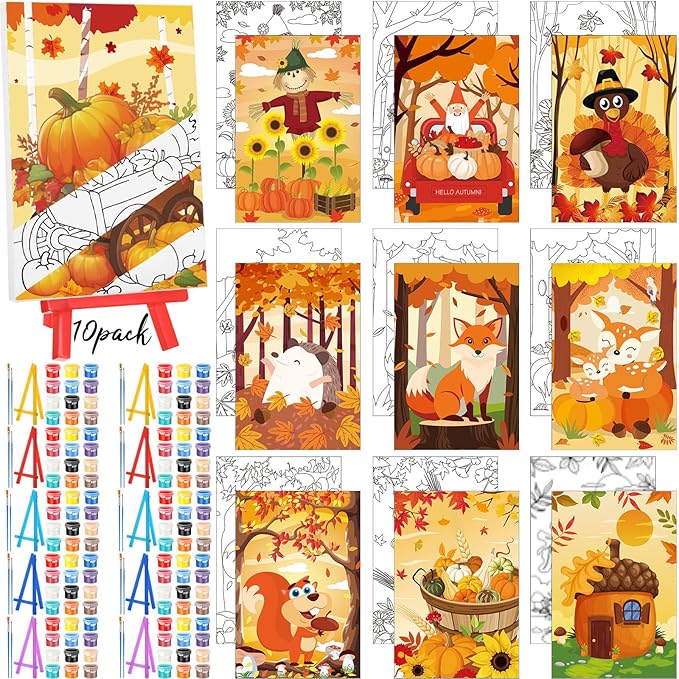 Blosssound 10 Set Pre Printed Canvas Pre Drawn Canvas Painting with Easel Kits 5" x 7" Outline Painting Panels for Beginners, DIY Craft Project, Party Favor, Home Decors(Autumn)