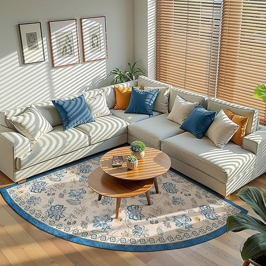 jinchan Floral Corner Rug for Kitchen Washable Nursery Rug Vintage Romance Design Non Slip Quarter Circle Lightweight Low-Pile Throw Carpet for Playroom Reading Nook Office, 5ft Radius, Blue/Beige