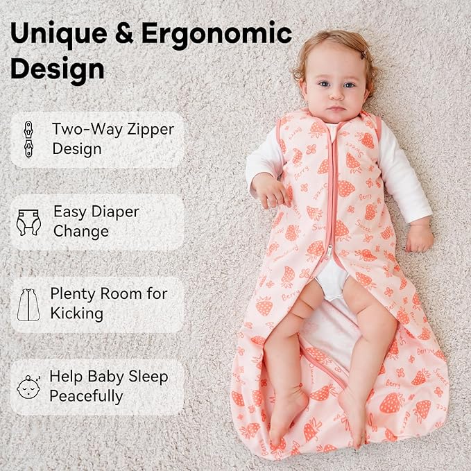 Baby Sleep Sack 18-24 Months 0.5 Tog Wearable Blanket Baby, 3 Pack 100% Cotton Lightweight Sleeping Sack with 2-Way Zipper for Infant Toddler Strawberry