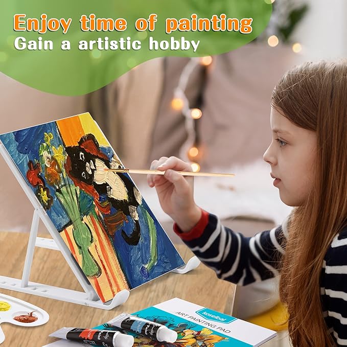 koseibal Acrylic Art Set with 24 Acrylic Paints, 8 DIY Wooden Stencils 5 Canvas Panels 8 Brushes, Table Easel, Etc, Painting Supplies Kit for Kids Students Artists and Beginner.