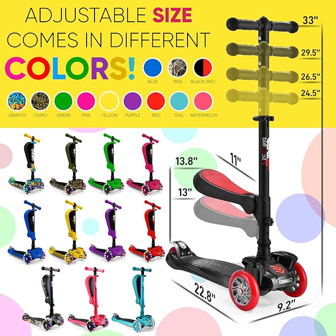 Hurtle 3-Wheeled Scooter for Kids - Wheel LED Lights, Adjustable Lean-to-Steer Handlebar, and Foldable Seat - Sit or Stand Ride with Brake for Boys and Girls Ages 1-14 Years Old