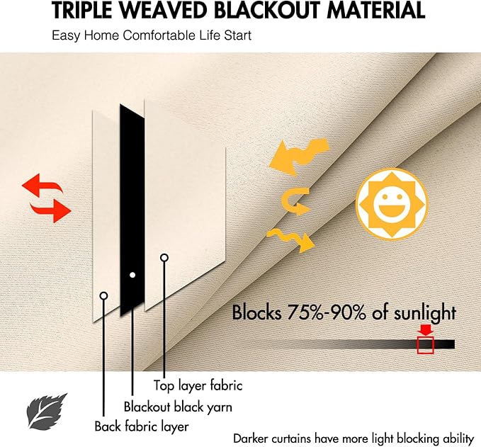 ANRODUO Back Tab Blackout Curtains for Bedroom Living Room, Rod Pocket Pinch Pleated Thermal Insulated Room Darkening Curtains 90 Inches Long 2 Panels, Cream Beige, 42 x 90 Inch