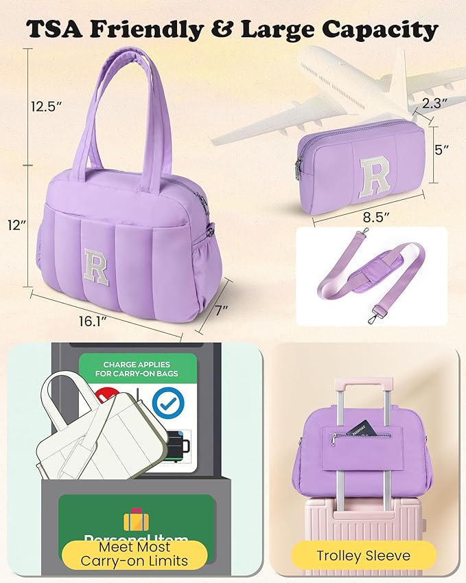 Customizable Gifts-Initial Duffle Bag, Carry On Bags for Women，Overnight Bag with Wet Pocket，Lightweight Travel Bags Personalized Gym Tote with Makeup Pouch
