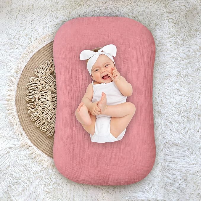 Hooyax Baby Lounger Cover 2 Pack - 100% Muslin Cotton Newborn Lounger Pillow Covers Only, Soft Breathable Infant Lounger Cover with Reinforced Stitching, Fits Most Standard Baby Loungers (Grey Pink)