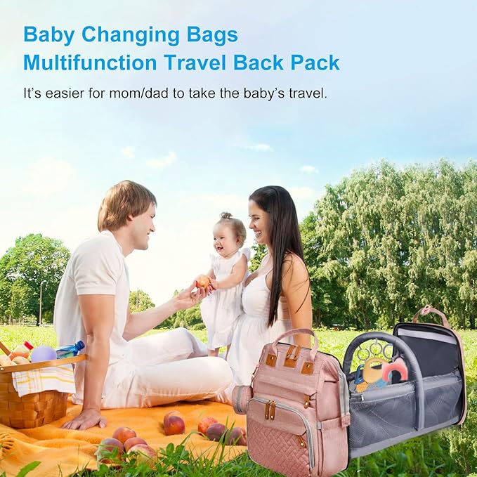 Jeryswet Baby Diaper Bags with Changing Station, Waterproof Large Capacity Diaper Bag Backpack for Moms Dads with USB Charging Port and Stroller Straps, Baby Shower Gifts, Pink-Grey