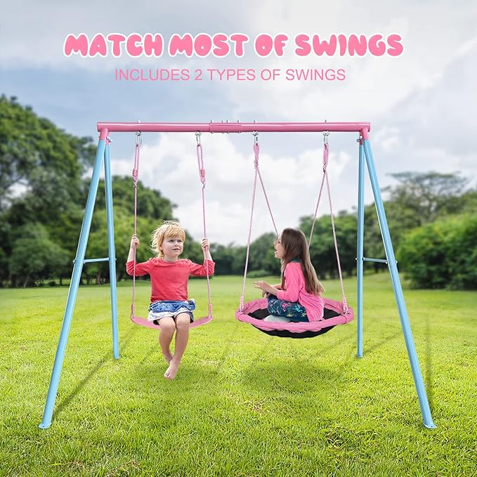 440lbs 2 Seat Kids Swing Sets for Backyard, 1 Saucer Tree Swing 32 inch, 1 Belt Swings, Heavy Duty Metal Swing Stand with Anchors(Pink+Blue)