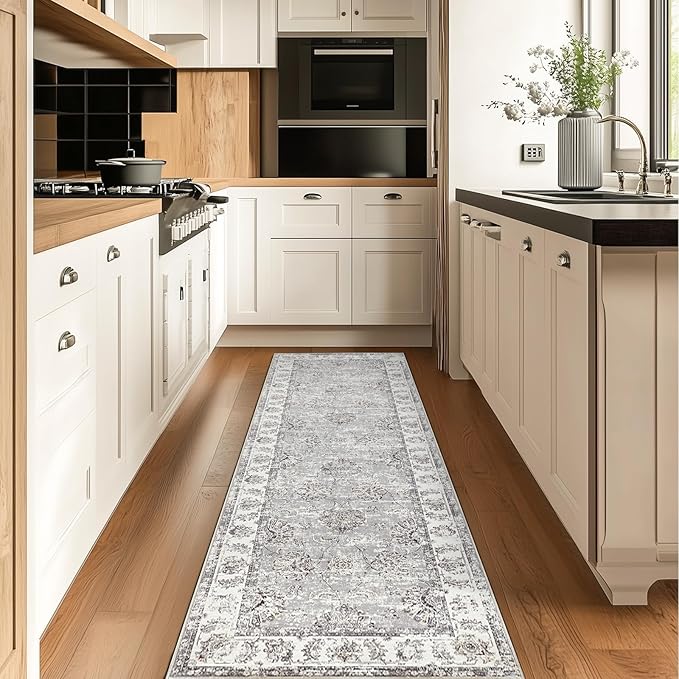 jinchan Runner Rug 2x7 Machine Washable Hallway Rug Grey Vintage Floral Print Non-Slip Low Pile Ultra-Thin for Kitchen,Entryway,Laundry Room,Bedroom,Farmhouse (2‘x7’,Grey)
