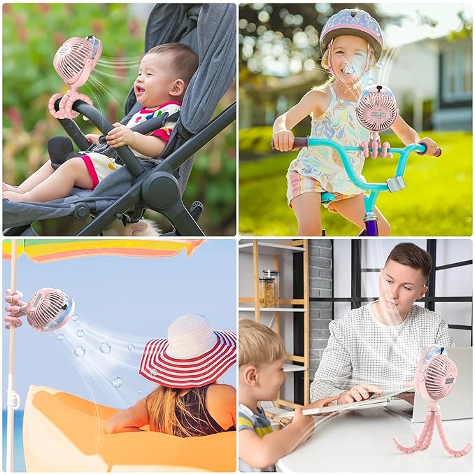 2025 Upgarded 4000mAh Misting Baby Stroller Fan, Rechargeable Battery Operated,Max 15Hrs Cooling,50ml Portable Water Sprayer Misting Fan with Flexible Tripod Clip on Car Seat Crib Treadmill Bunk Bed