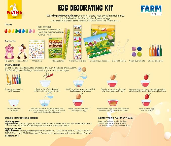 METMA 1999 Egg Decorating Kit Farm Crafts - Complete Decorative Eggs Set with Liquid Dyes, Tablets, Stickers, Egg Spinner and More - Fun Easter Egg Dye Kit Arts and Crafts for Kids (Farm Crafts)