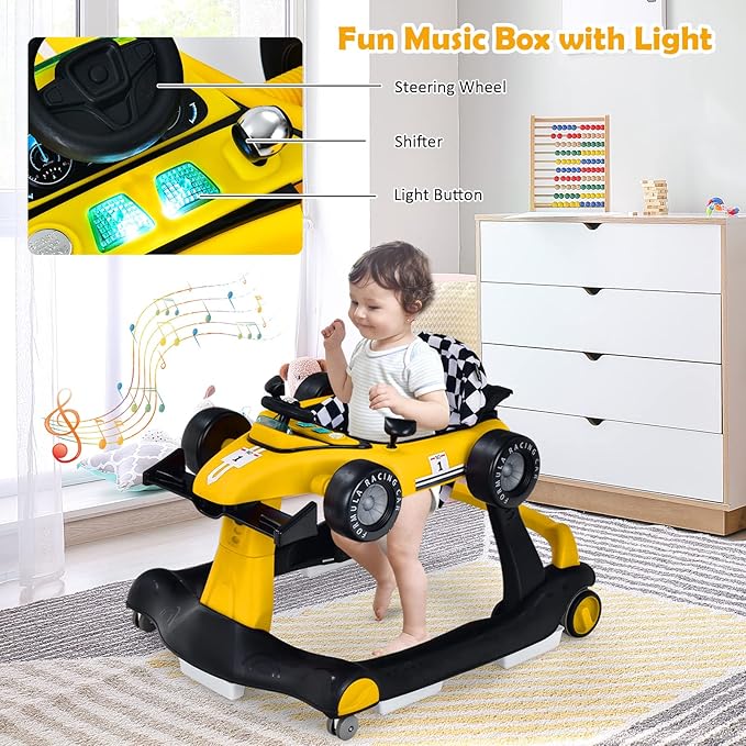 HONEY JOY 4-in-1 Baby Walker, Activity Push Walker w/3 Adjustable Heights, Smooth Wheels w/Adjustable Speed, Padded Seat, Music & Light, Foldable Car Walker for Baby Boys Girls Age 6 Months+ (Yellow)